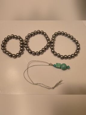 Silver Bead Stretch Bracelet Set with Turquoise Pendant Accent